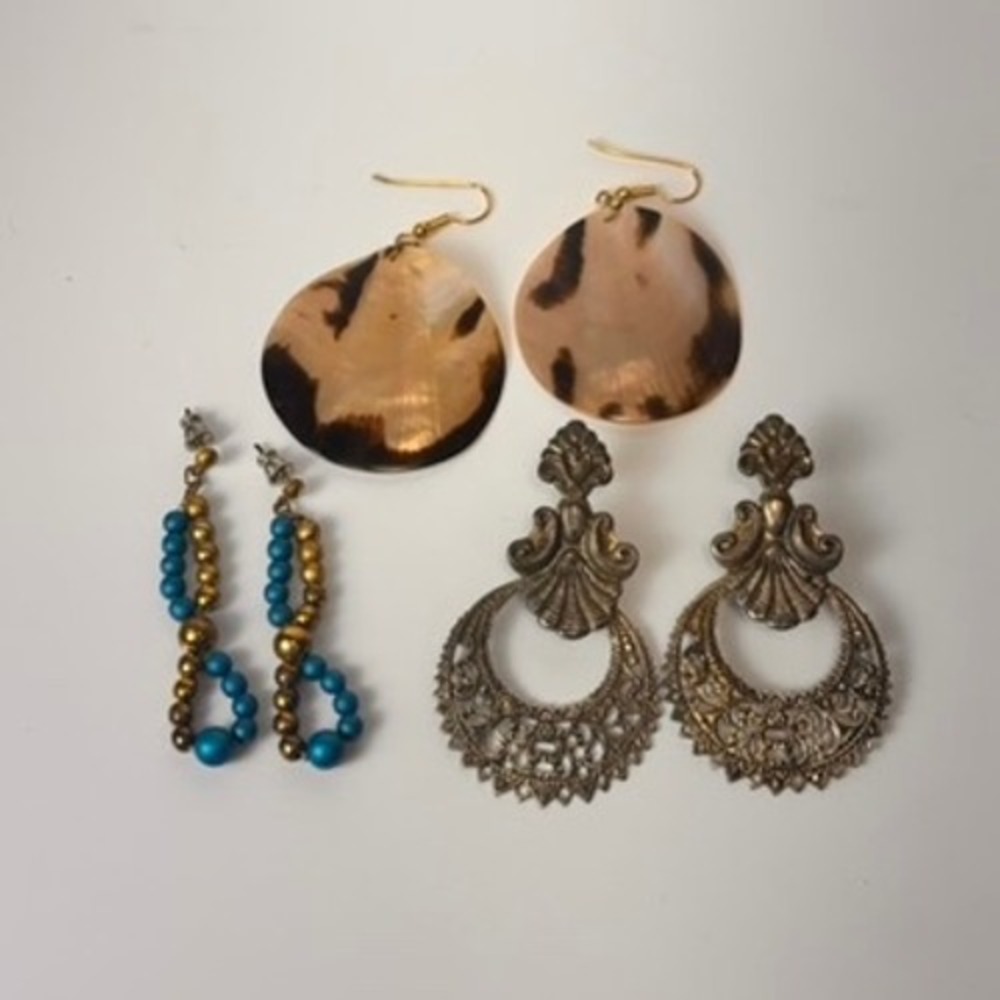 Vintage Earring Set Gold Brown Blue Boho Statement Filigree Shell Beaded 3 Pairs